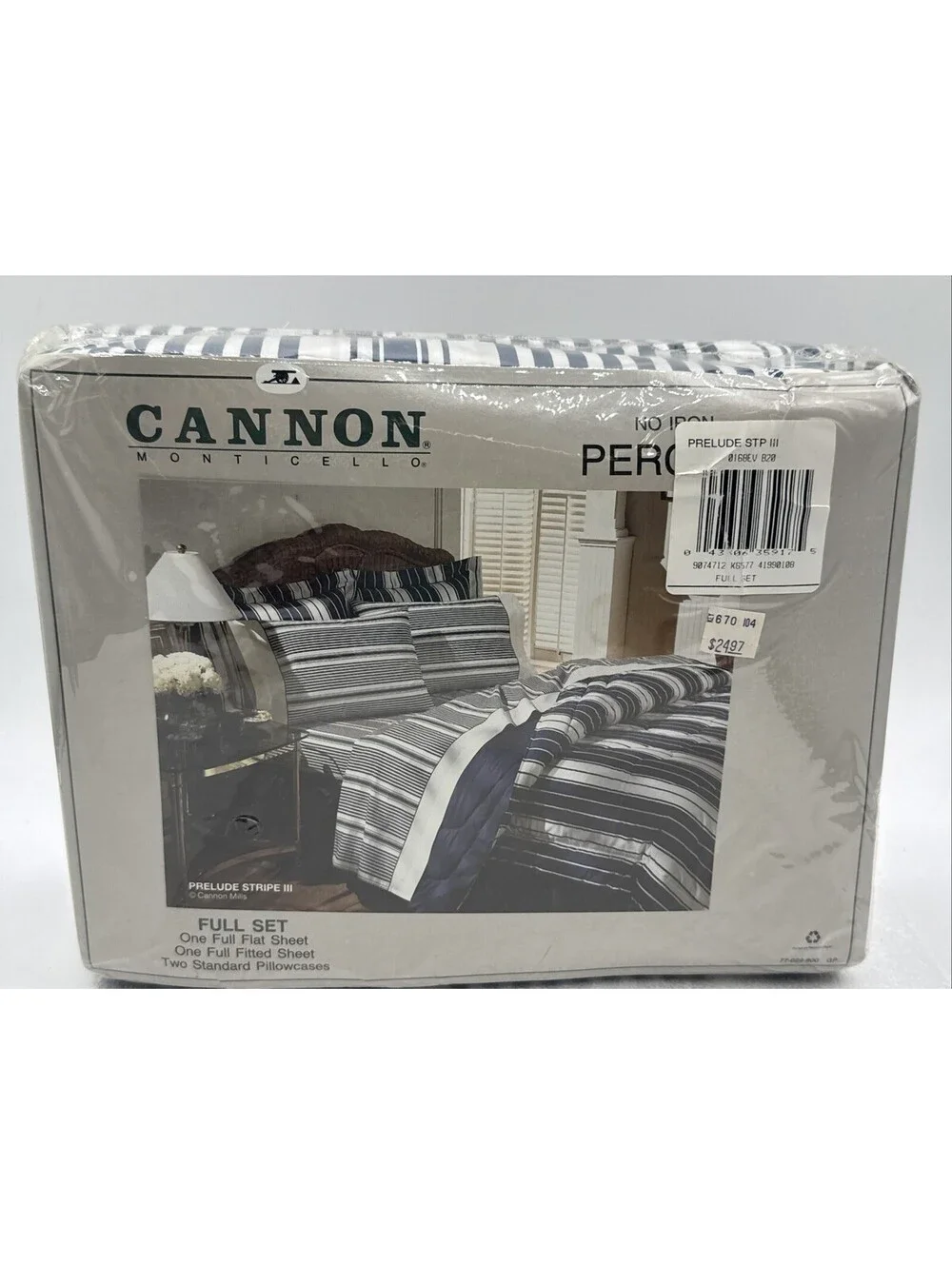 Vintage Cannon Monticello Blue White Stripes No Iron Percale 4pc Full Sheet Set